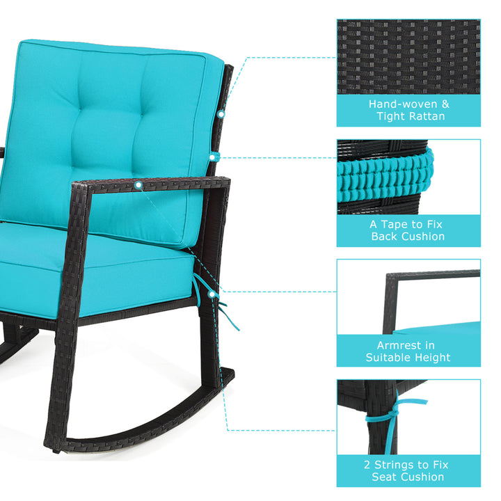 Outdoor Wicker Rocking Chair Patio Lawn Rattan Single Chair Glider w/ Turquoise Cushion Image 10