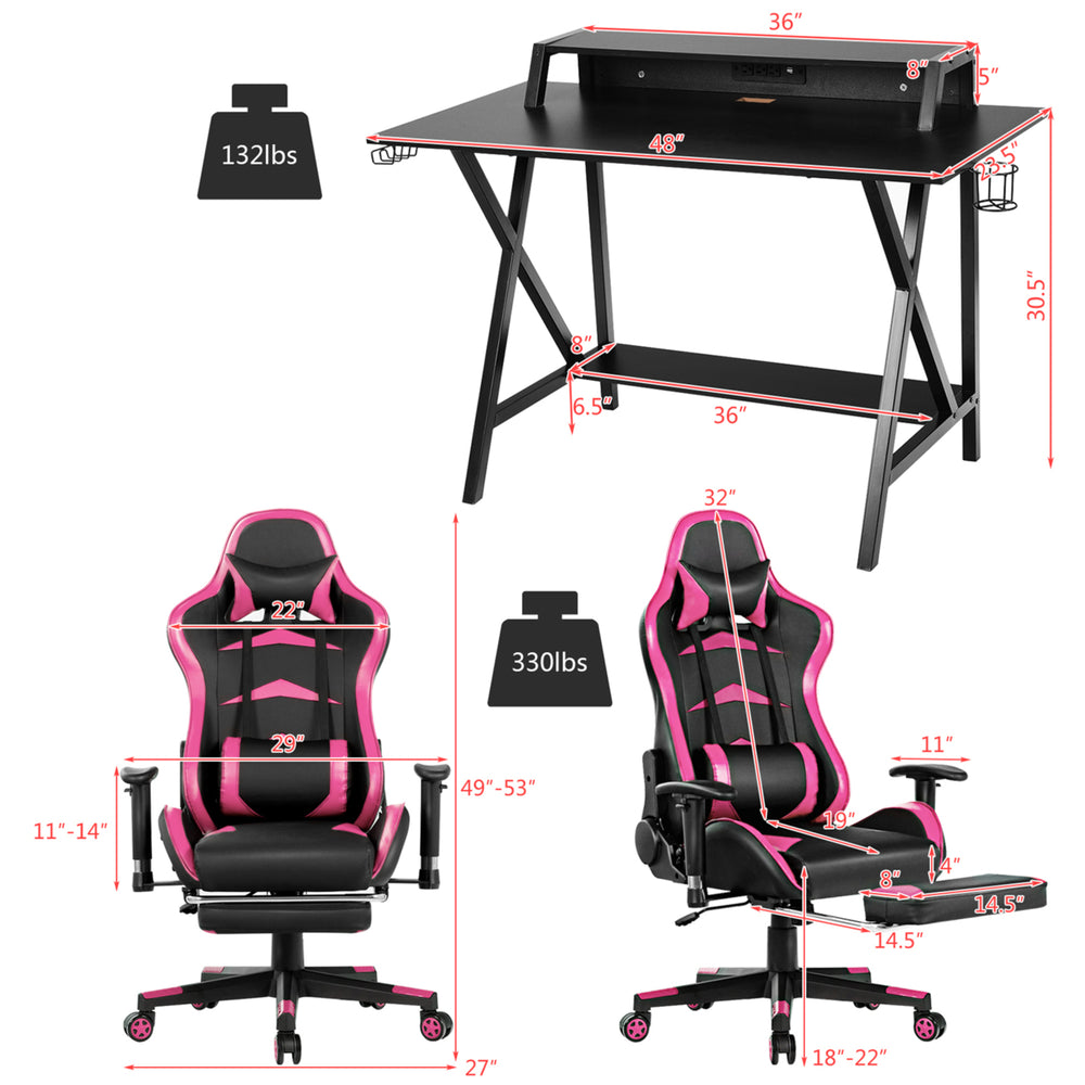 Gaming DeskandMassage Gaming Chair Set w/ Footrest Monitor Shelf Power Strip Pink Image 2