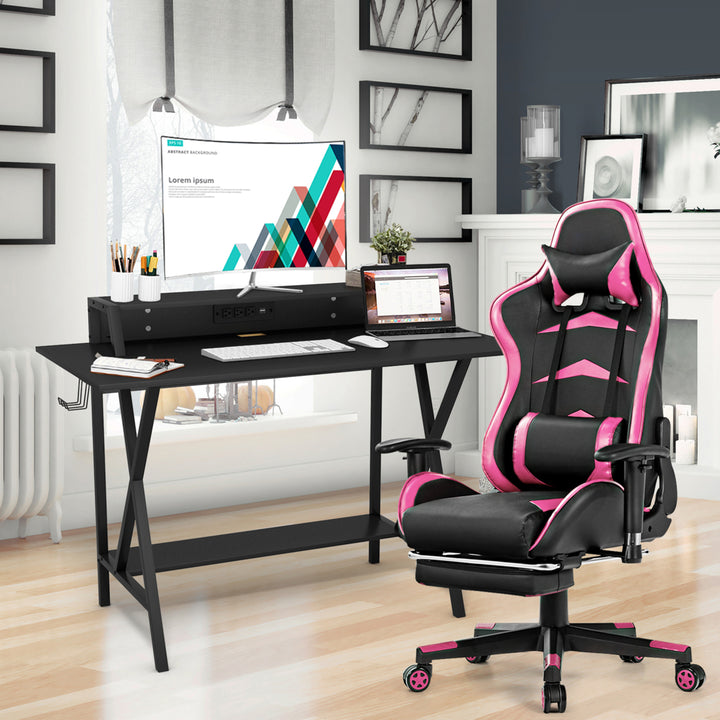 Gaming DeskandMassage Gaming Chair Set w/ Footrest Monitor Shelf Power Strip Pink Image 3