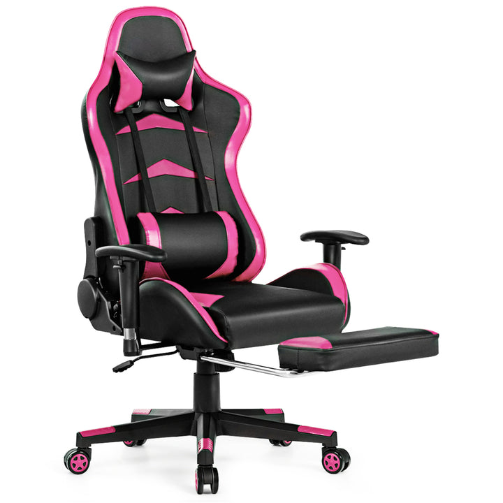 Gaming DeskandMassage Gaming Chair Set w/ Footrest Monitor Shelf Power Strip Pink Image 6