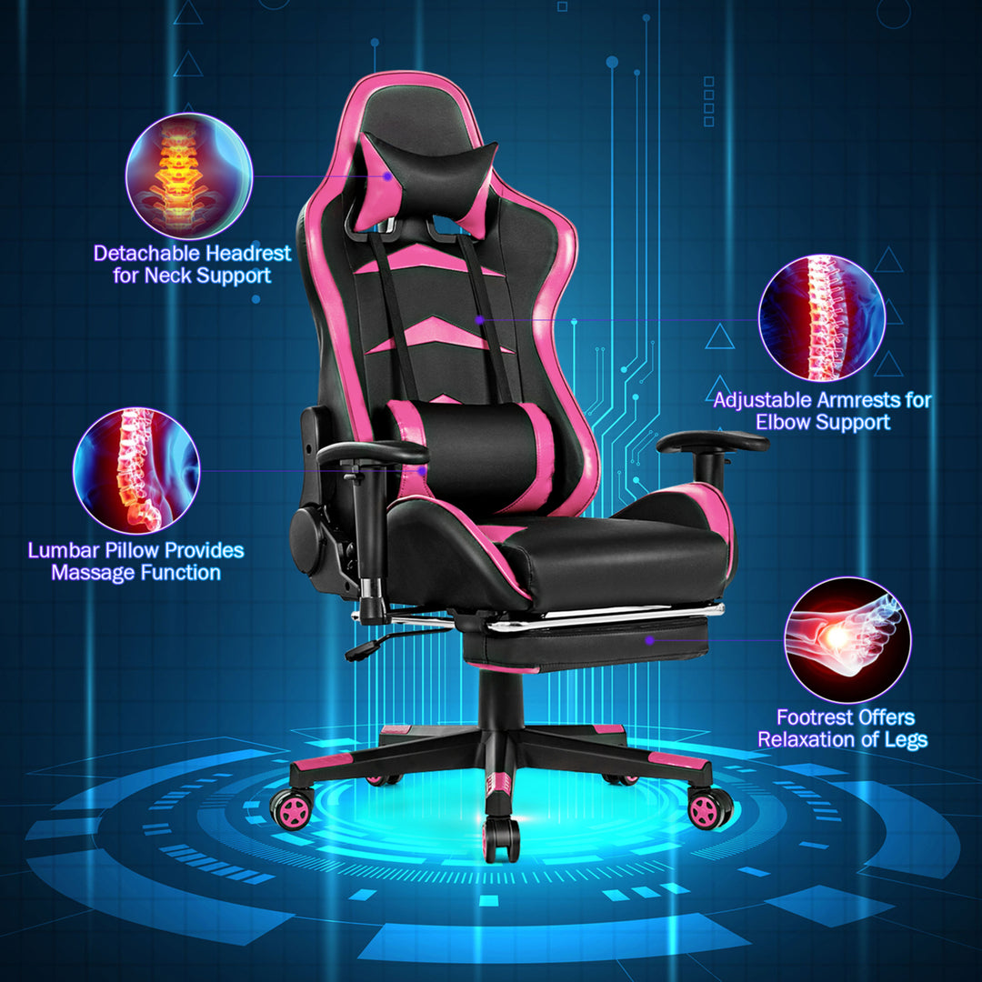 Gaming DeskandMassage Gaming Chair Set w/ Footrest Monitor Shelf Power Strip Pink Image 8