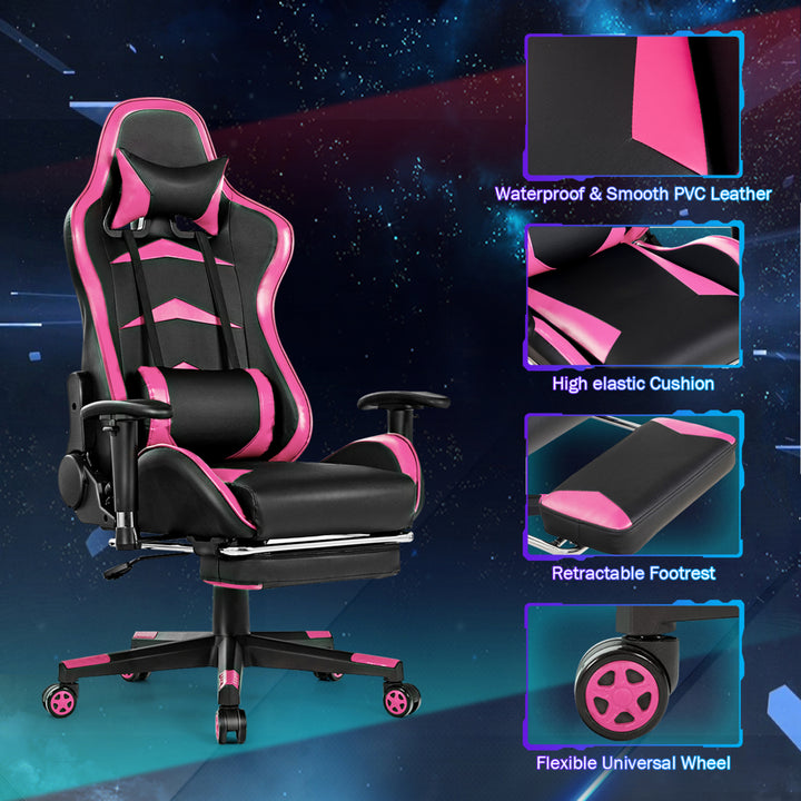 Gaming DeskandMassage Gaming Chair Set w/ Footrest Monitor Shelf Power Strip Pink Image 9