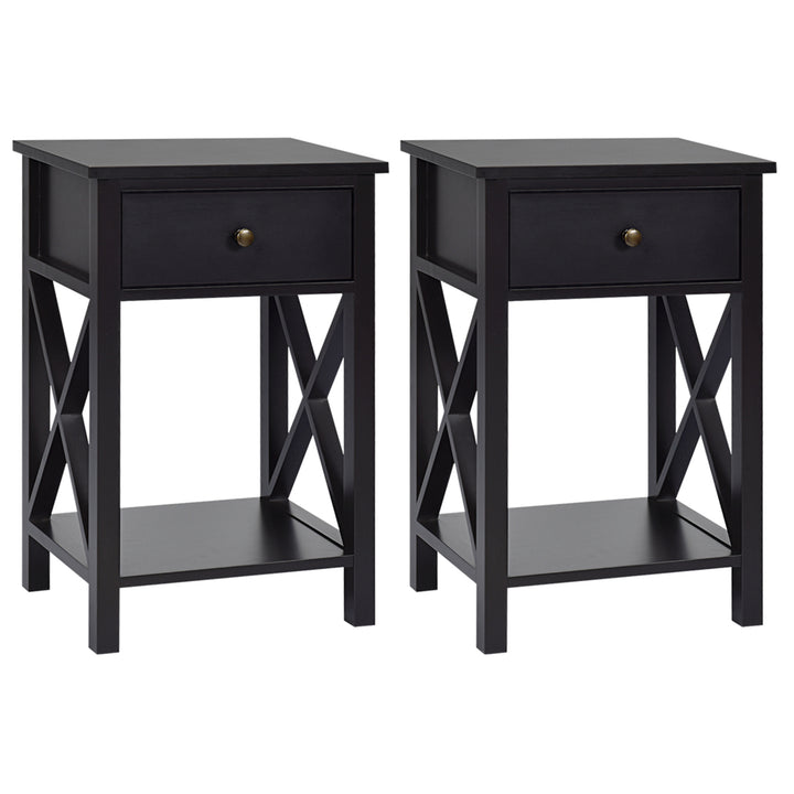 Set of 2 Nightstand Sofa Side End Table X-Design w/ Shelf Drawer Brown Image 1