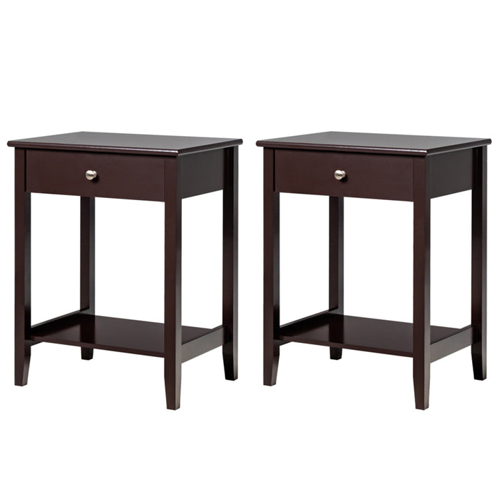 2PCS Nightstand Sofa Side End Table Bedroom Living Room w/ Shelf Drawer Brown Image 3