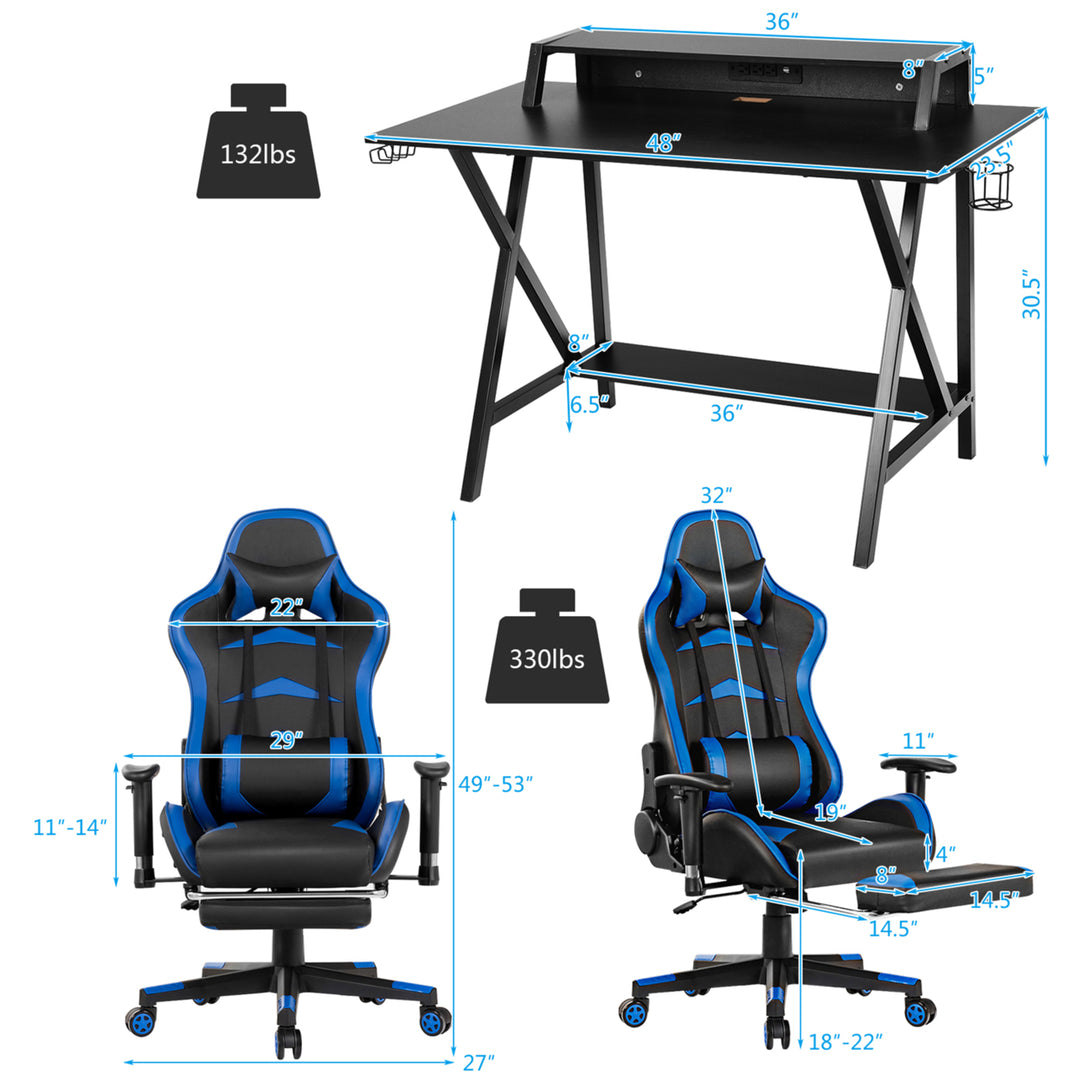 Gaming DeskandMassage Gaming Chair Set w/ Footrest Monitor Shelf Power Strip Blue Image 2