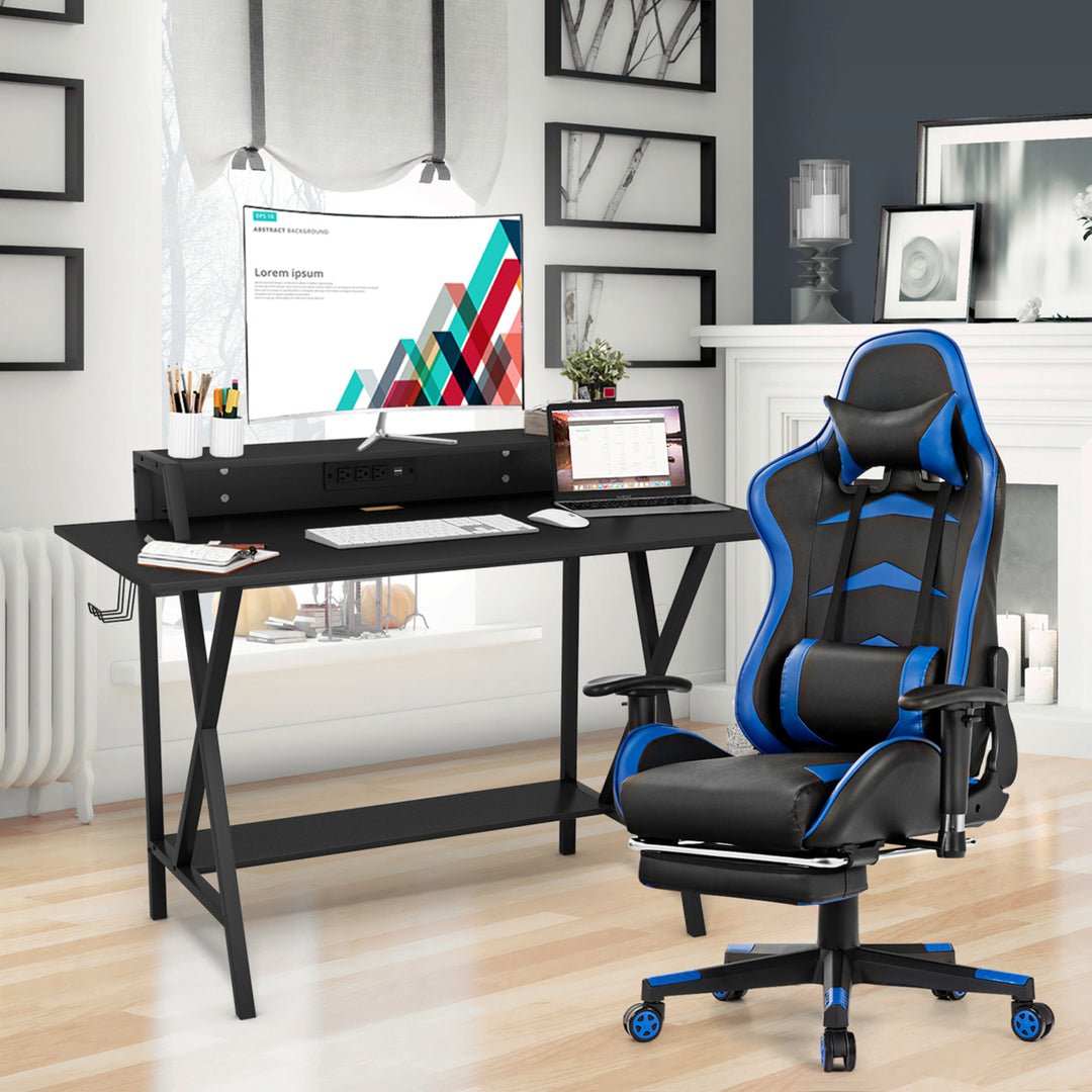 Gaming DeskandMassage Gaming Chair Set w/ Footrest Monitor Shelf Power Strip Blue Image 3