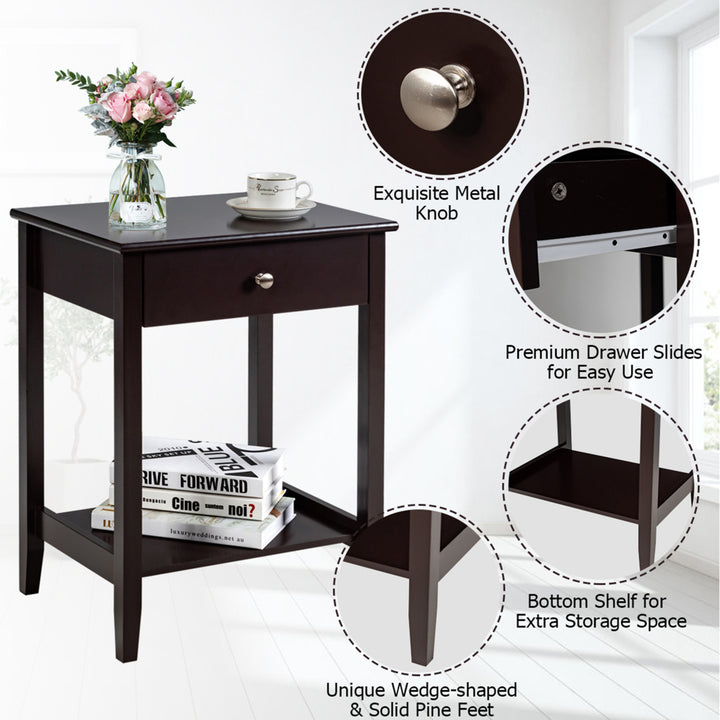 2PCS Nightstand Sofa Side End Table Bedroom Living Room w/ Shelf Drawer Brown Image 10