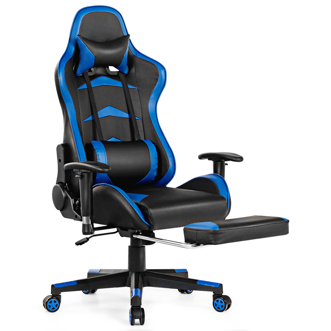 Gaming DeskandMassage Gaming Chair Set w/ Footrest Monitor Shelf Power Strip Blue Image 6