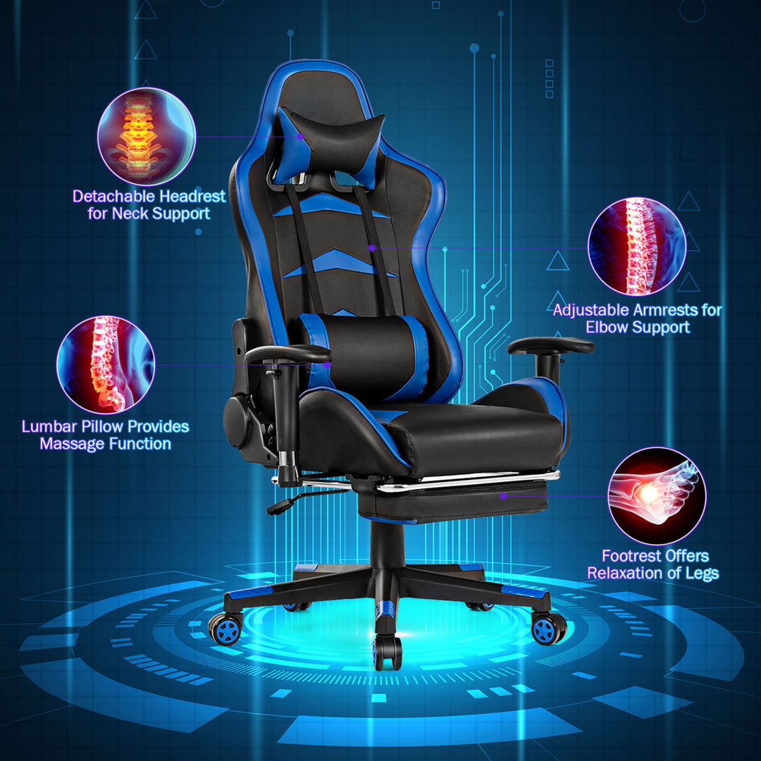 Gaming DeskandMassage Gaming Chair Set w/ Footrest Monitor Shelf Power Strip Blue Image 8