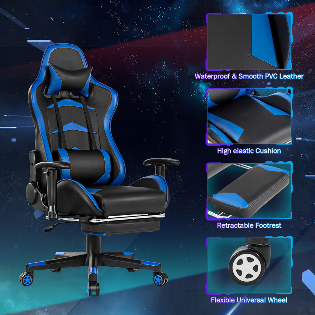 Gaming DeskandMassage Gaming Chair Set w/ Footrest Monitor Shelf Power Strip Blue Image 9