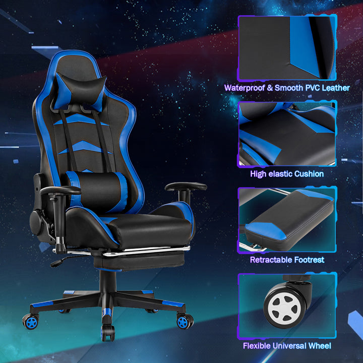 Gaming DeskandMassage Gaming Chair Set w/ Footrest Monitor Shelf Power Strip Blue Image 9