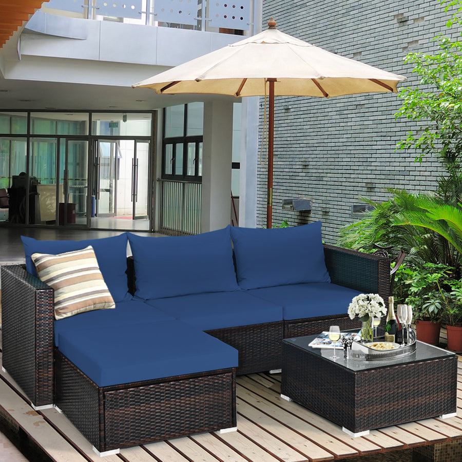 5PCS Cushioned Rattan Patio Conversation Set w/ Ottoman Navy Cushion Image 1