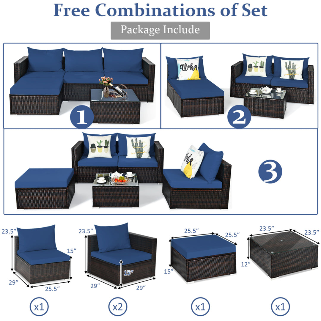 5PCS Cushioned Rattan Patio Conversation Set w/ Ottoman Navy Cushion Image 3