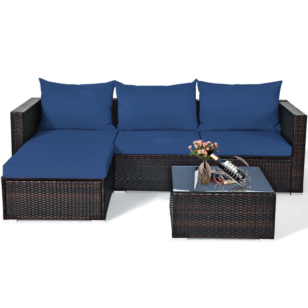 5PCS Cushioned Rattan Patio Conversation Set w/ Ottoman Navy Cushion Image 2