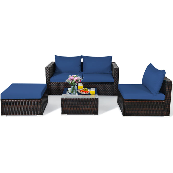 5PCS Cushioned Rattan Patio Conversation Set w/ Ottoman Navy Cushion Image 4