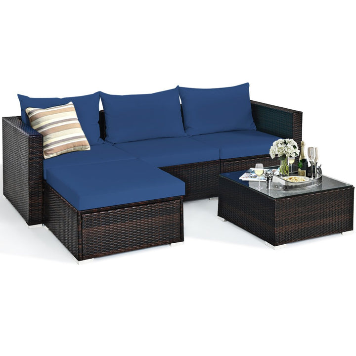 5PCS Cushioned Rattan Patio Conversation Set w/ Ottoman Navy Cushion Image 5