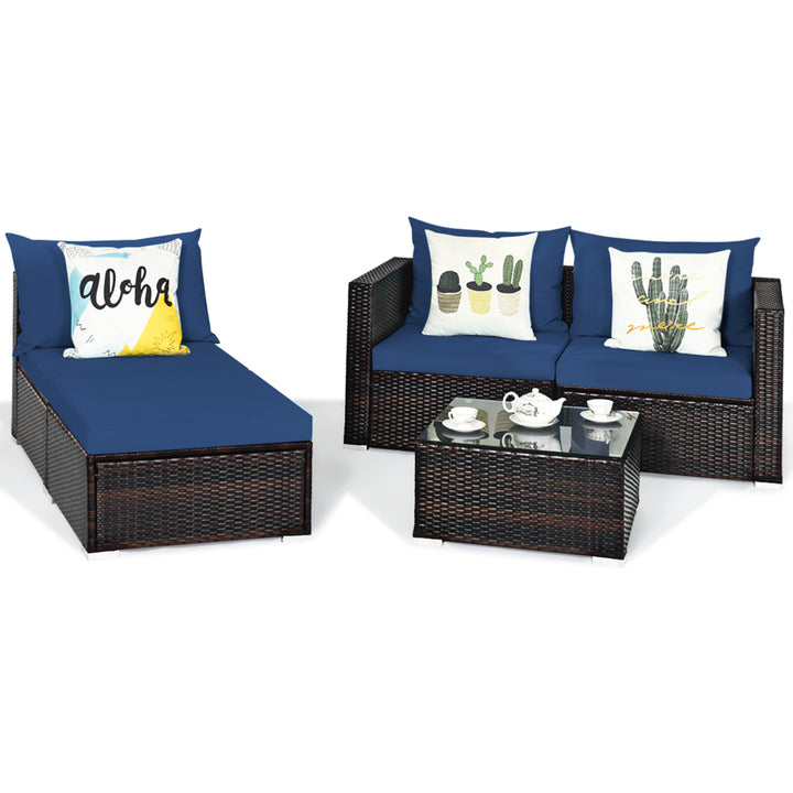 5PCS Cushioned Rattan Patio Conversation Set w/ Ottoman Navy Cushion Image 6