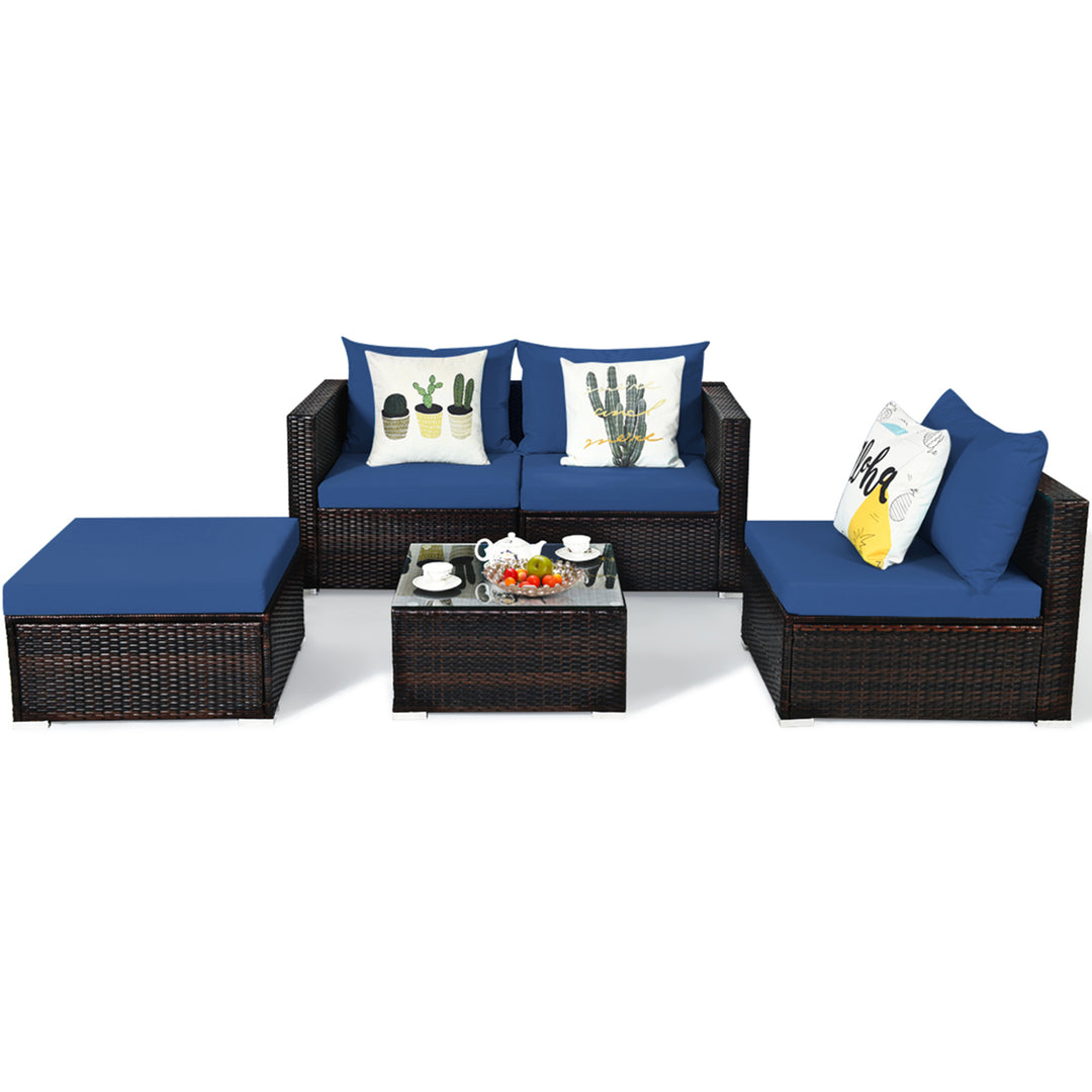 5PCS Cushioned Rattan Patio Conversation Set w/ Ottoman Navy Cushion Image 7