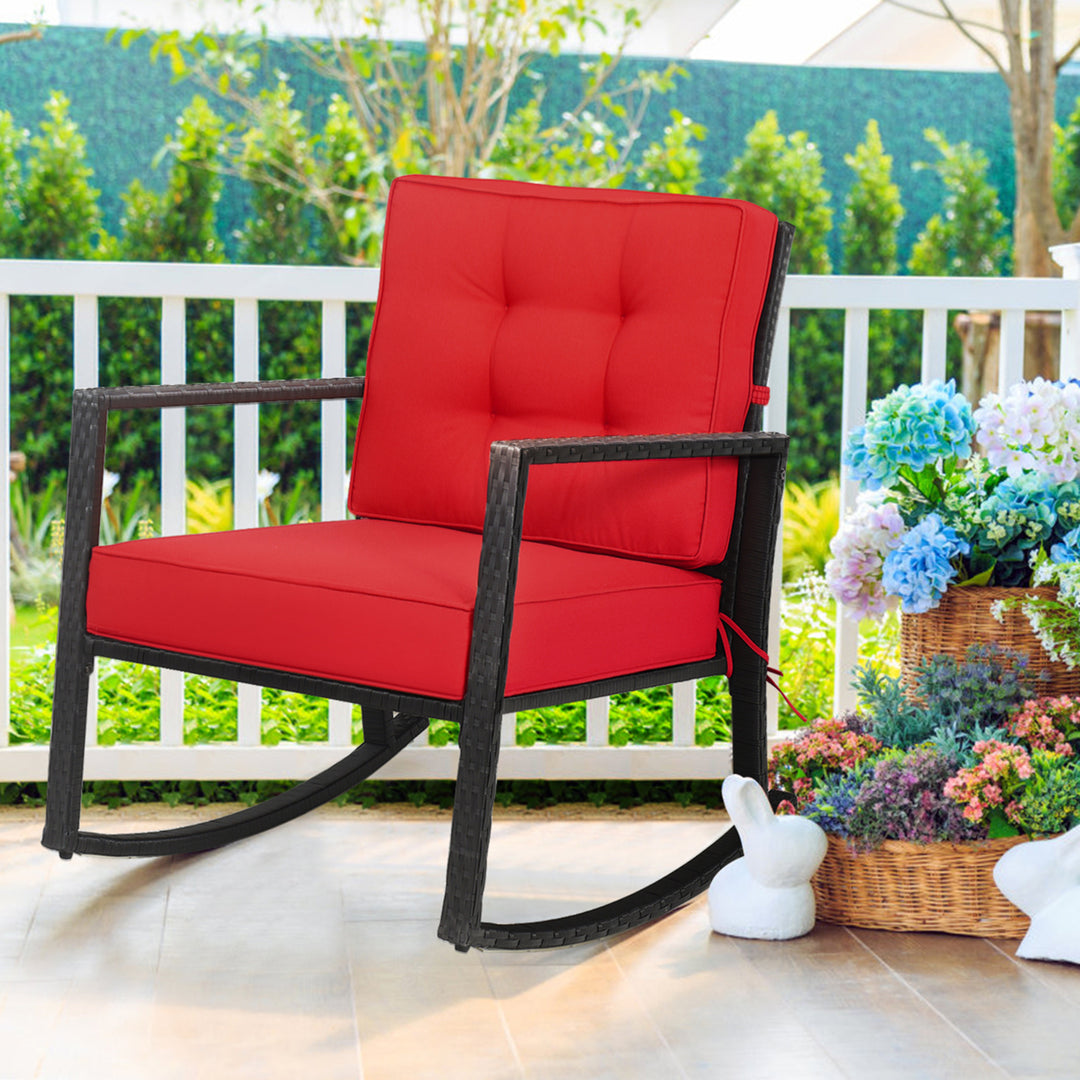 Outdoor Wicker Rocking Chair Patio Lawn Rattan Single Chair Glider w/ Red Cushion Image 1