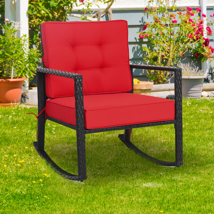 Outdoor Wicker Rocking Chair Patio Lawn Rattan Single Chair Glider w/ Red Cushion Image 4