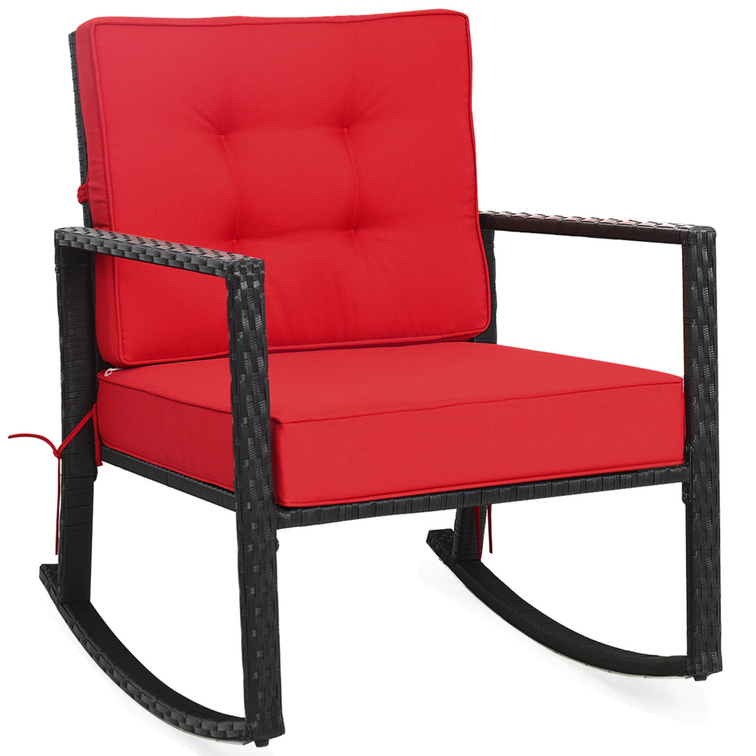 Outdoor Wicker Rocking Chair Patio Lawn Rattan Single Chair Glider w/ Red Cushion Image 2