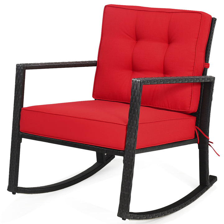 Outdoor Wicker Rocking Chair Patio Lawn Rattan Single Chair Glider w/ Red Cushion Image 6