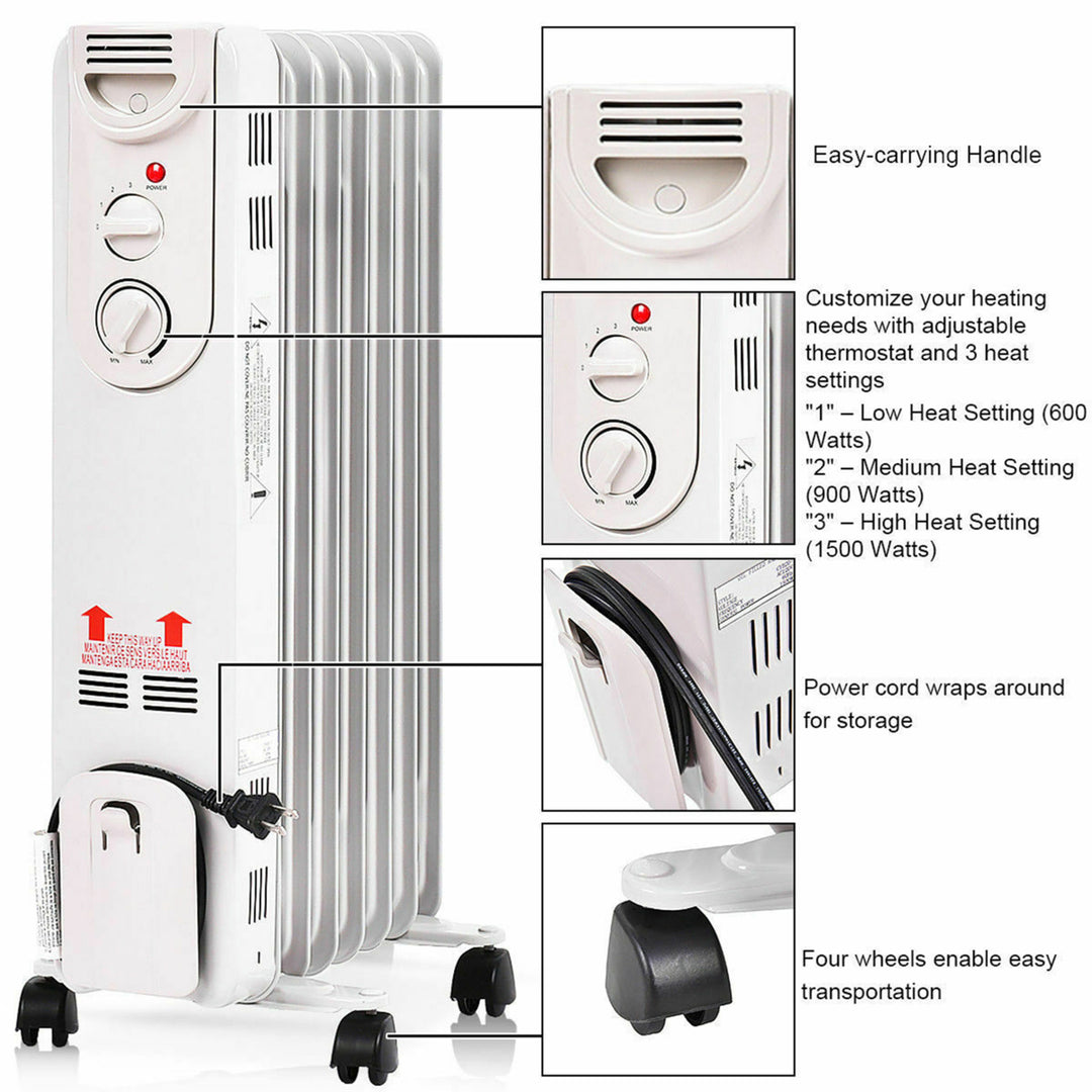 1500W Oil Filled Radiator Space Heater w/ Adjustable Thermostat Home Office Image 8