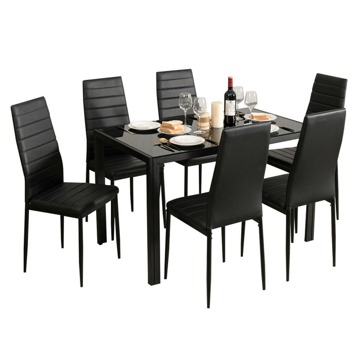 7 PCS Kitchen Dining Table Set Breakfast Furniture w/ Glass Top Padded Chair Image 1