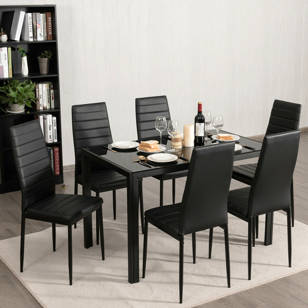 7 PCS Kitchen Dining Table Set Breakfast Furniture w/ Glass Top Padded Chair Image 4