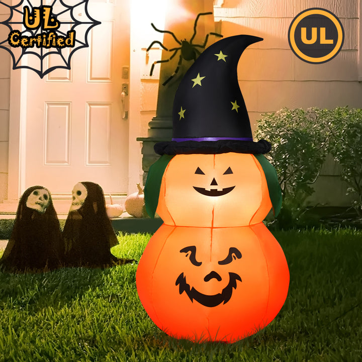 5ft Inflatable Halloween Pumpkin Decoration w/ LED Light Witch Hat Image 1