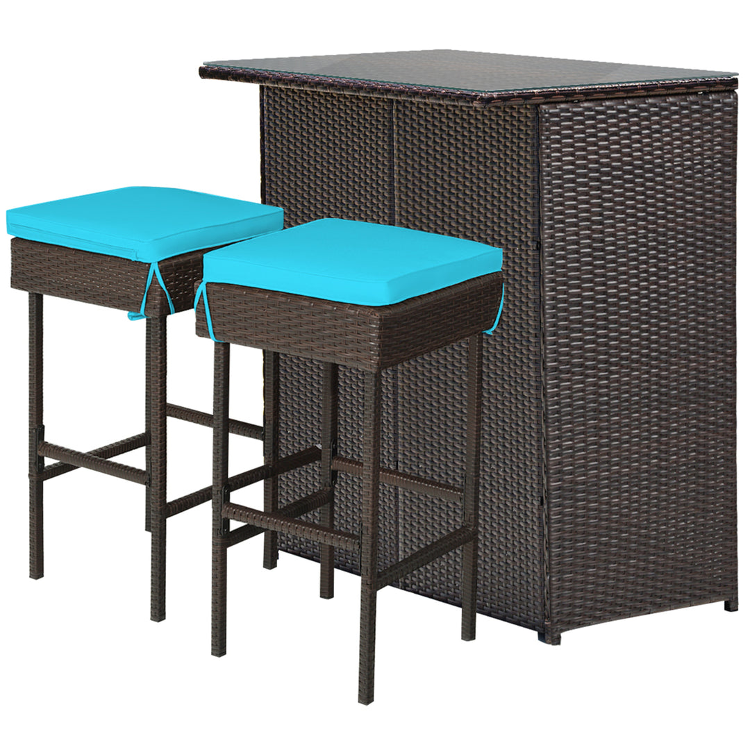 3PCS Rattan Patio Bar Table and Stool Set Dining Set w/ Turquoise Cushion Image 4