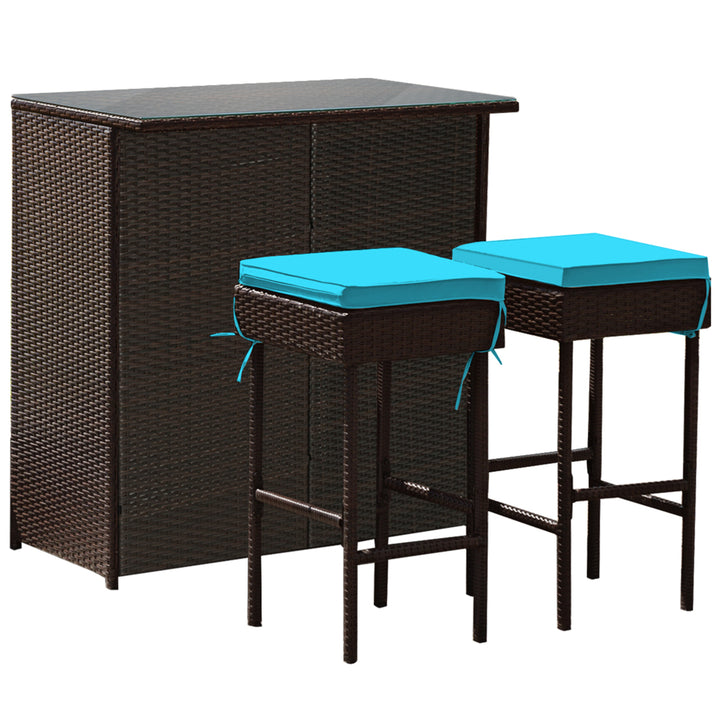 3PCS Rattan Patio Bar Table and Stool Set Dining Set w/ Turquoise Cushion Image 5