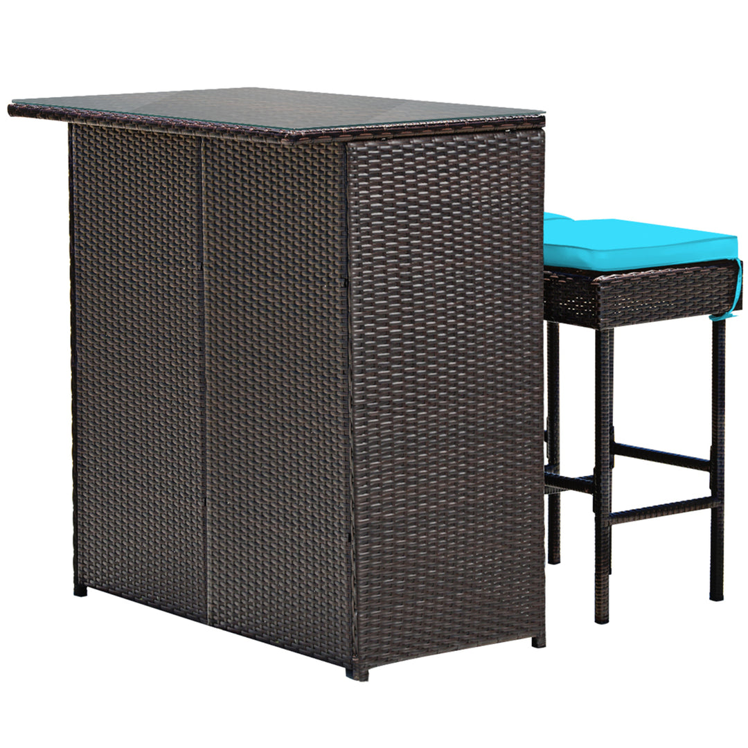 3PCS Rattan Patio Bar Table and Stool Set Dining Set w/ Turquoise Cushion Image 6