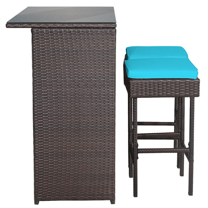 3PCS Rattan Patio Bar Table and Stool Set Dining Set w/ Turquoise Cushion Image 7