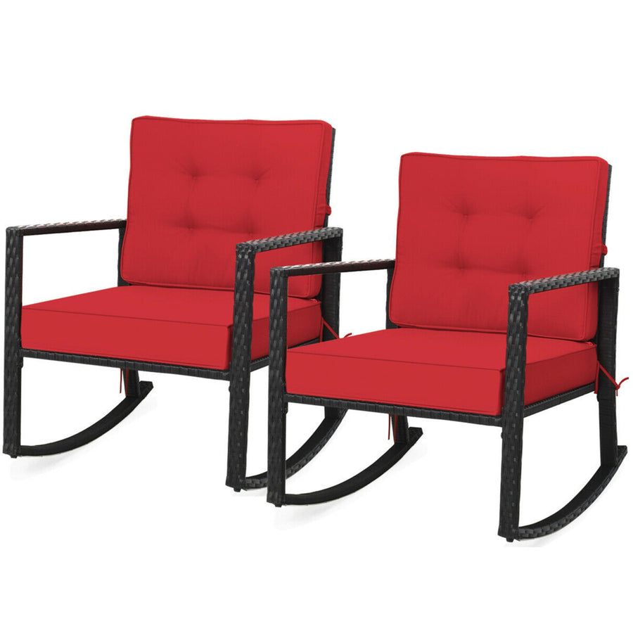 2PCS Outdoor Wicker Rocking Chair Patio Rattan Single Chair Glider w/ Red Cushion Image 1