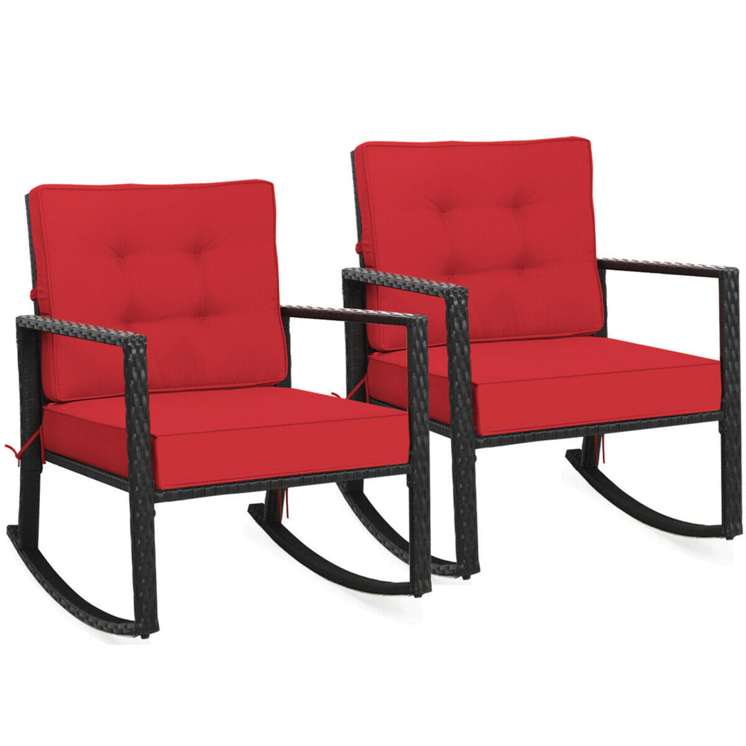 2PCS Outdoor Wicker Rocking Chair Patio Rattan Single Chair Glider w/ Red Cushion Image 3