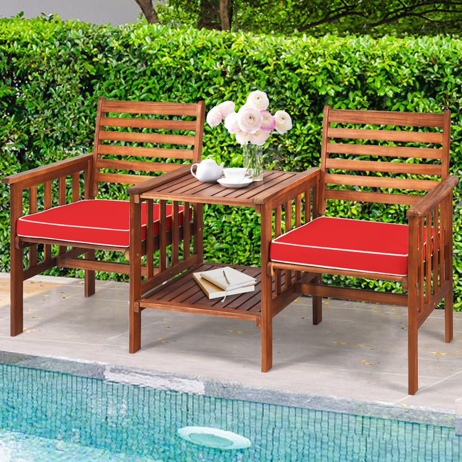 Acacia Wood Loveseat Patio Outdoor Conversation Set w/ Table Red Cushion Image 1