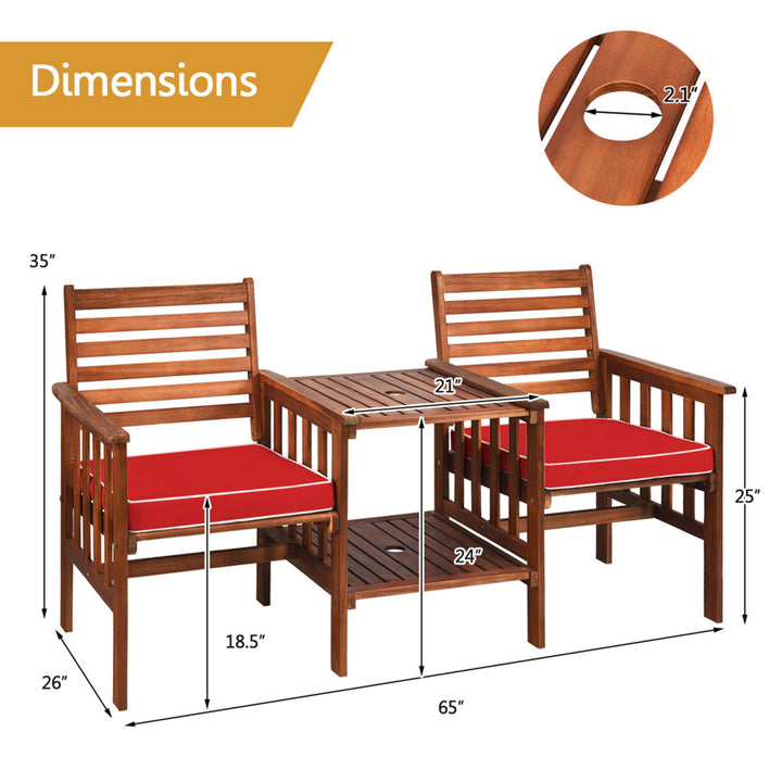 Acacia Wood Loveseat Patio Outdoor Conversation Set w/ Table Red Cushion Image 5