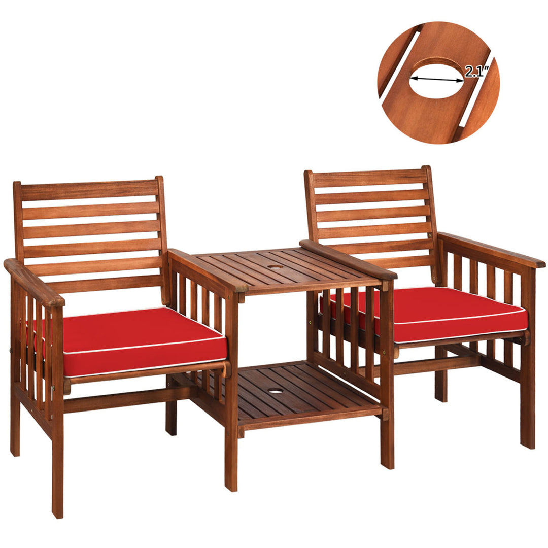 Acacia Wood Loveseat Patio Outdoor Conversation Set w/ Table Red Cushion Image 4