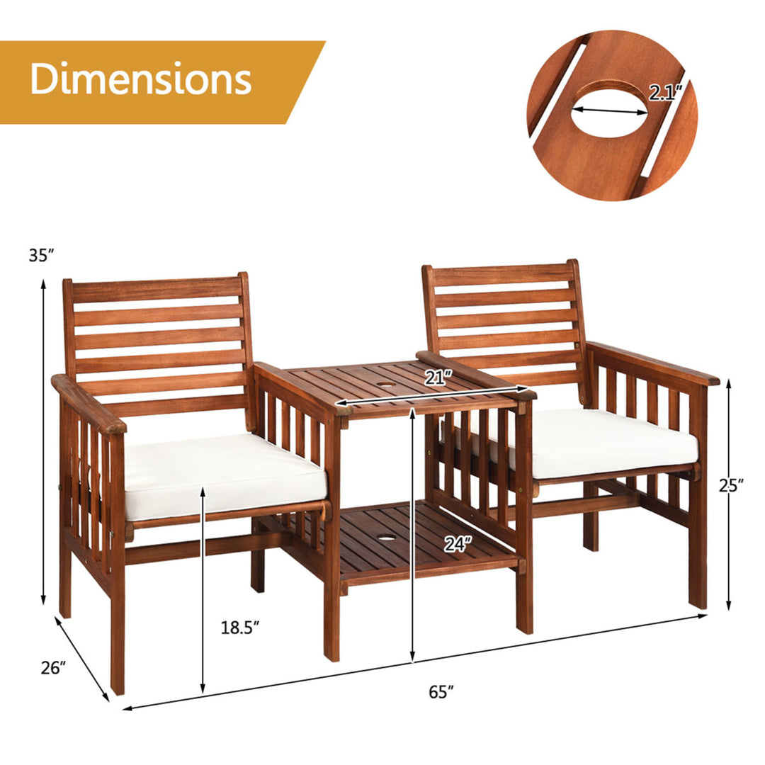 Acacia Wood Loveseat Patio Outdoor Conversation Set w/ Table White Cushion Image 5