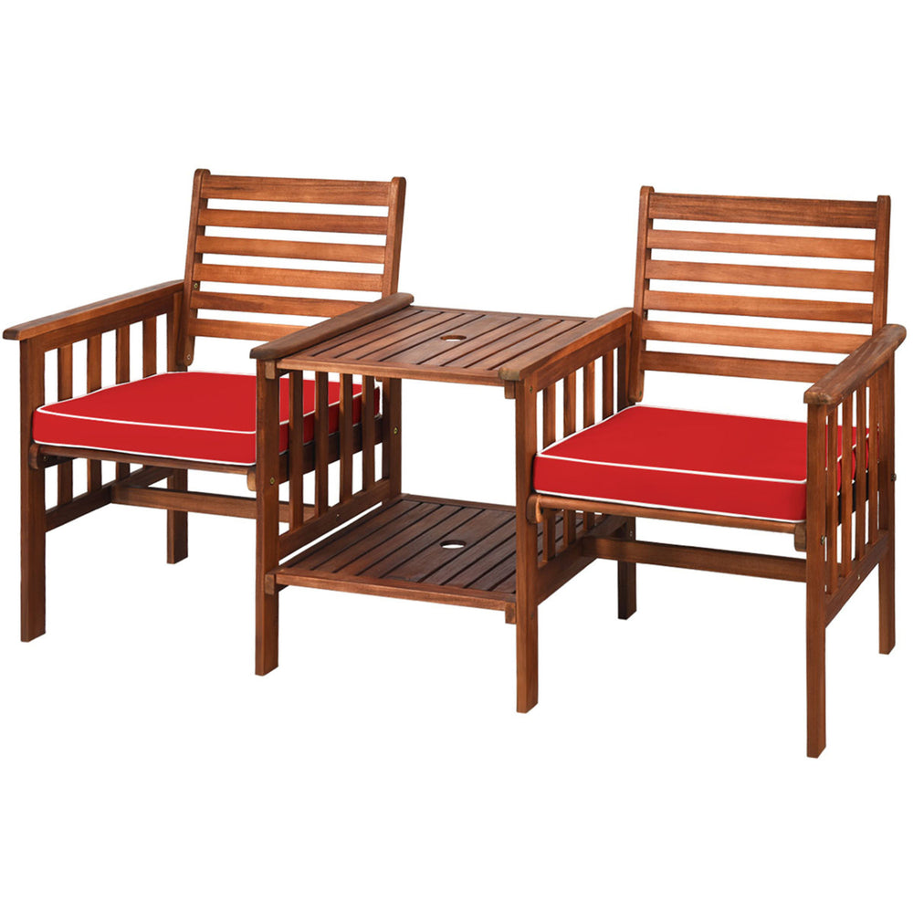 Acacia Wood Loveseat Patio Outdoor Conversation Set w/ Table Red Cushion Image 2