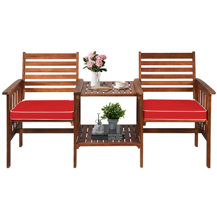 Acacia Wood Loveseat Patio Outdoor Conversation Set w/ Table Red Cushion Image 6