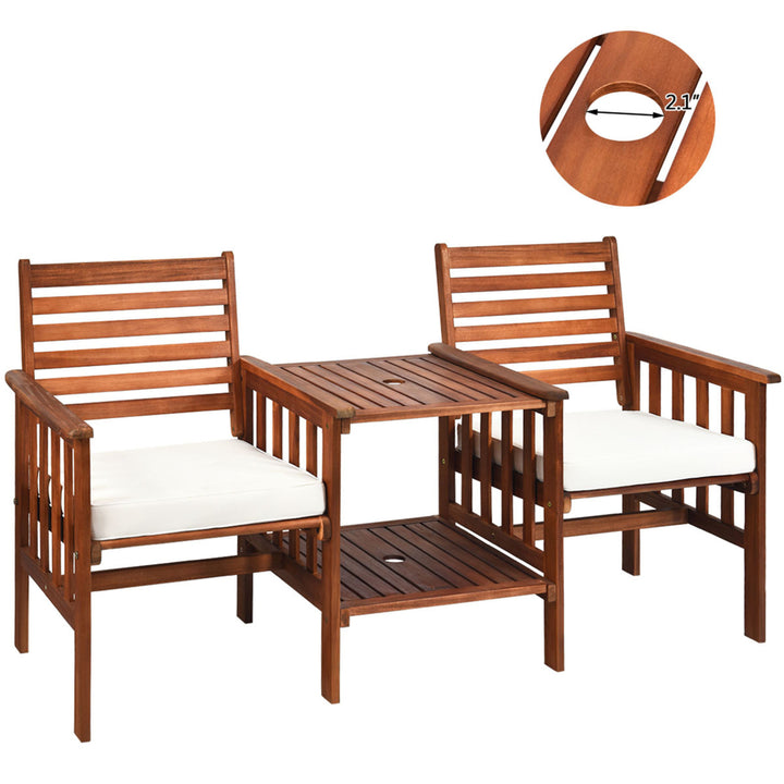 Acacia Wood Loveseat Patio Outdoor Conversation Set w/ Table White Cushion Image 4