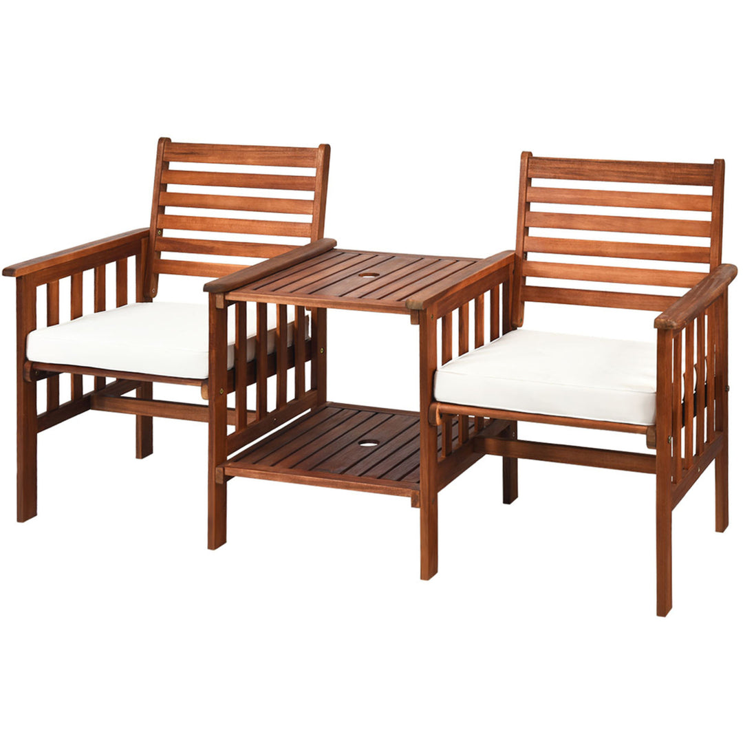 Acacia Wood Loveseat Patio Outdoor Conversation Set w/ Table White Cushion Image 2