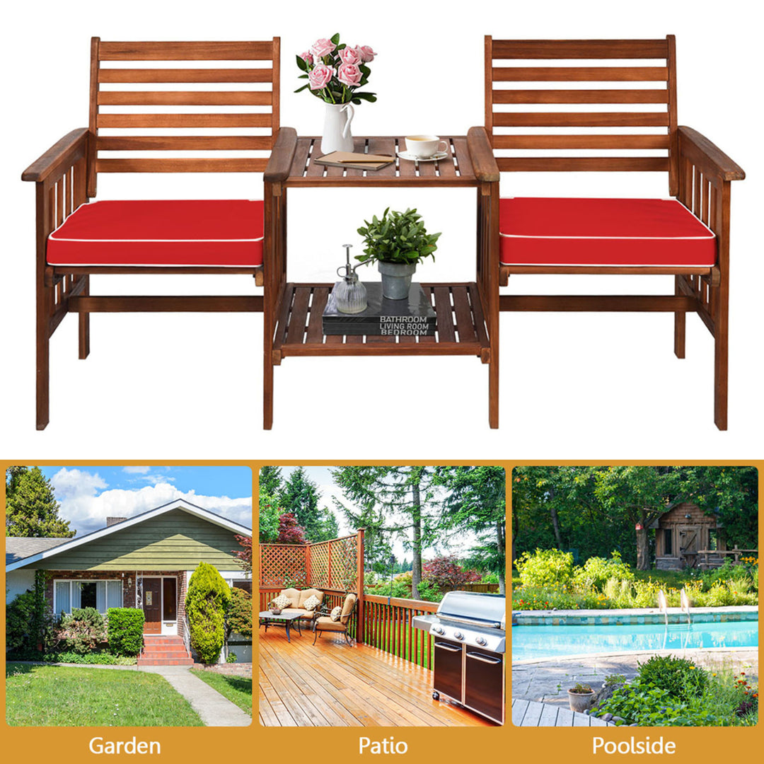 Acacia Wood Loveseat Patio Outdoor Conversation Set w/ Table Red Cushion Image 7