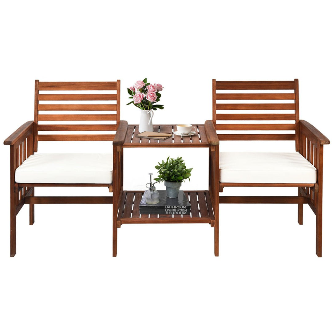 Acacia Wood Loveseat Patio Outdoor Conversation Set w/ Table White Cushion Image 6