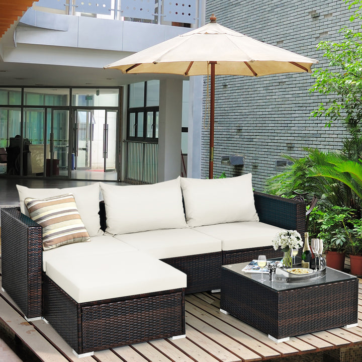 Gymax 5PCS Cushioned Rattan Patio Conversation Set w/ Ottoman Off White Cushion Image 1