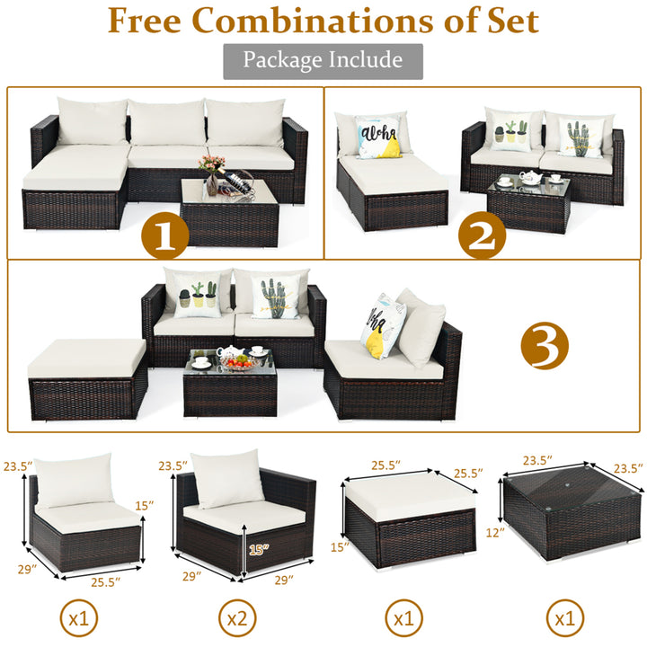 Gymax 5PCS Cushioned Rattan Patio Conversation Set w/ Ottoman Off White Cushion Image 2