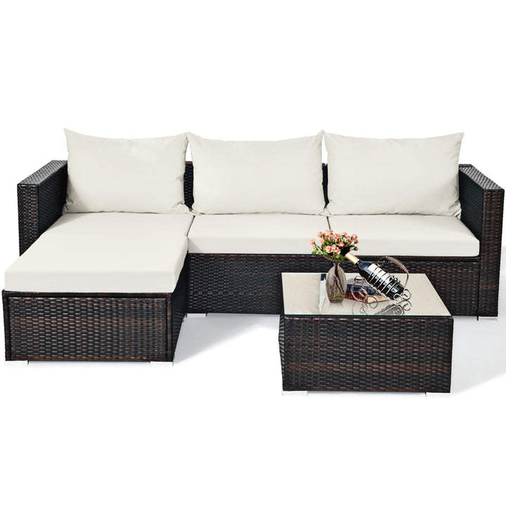 Gymax 5PCS Cushioned Rattan Patio Conversation Set w/ Ottoman Off White Cushion Image 3