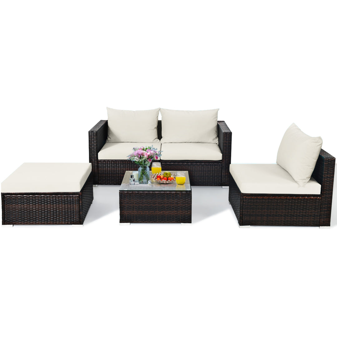 Gymax 5PCS Cushioned Rattan Patio Conversation Set w/ Ottoman Off White Cushion Image 4